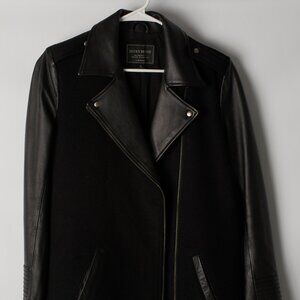 Lucky Brand Black Wool Leather Mid Length Moto Biker Jacket Coat Size S